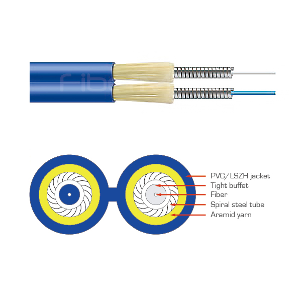 Armored Duplex Fiber Optic Cable 2 Core OS2 Single Mode Indoor Steel Tube Anti-Rodent Crush Resistant Tight Buffered Cable GJSFJBV