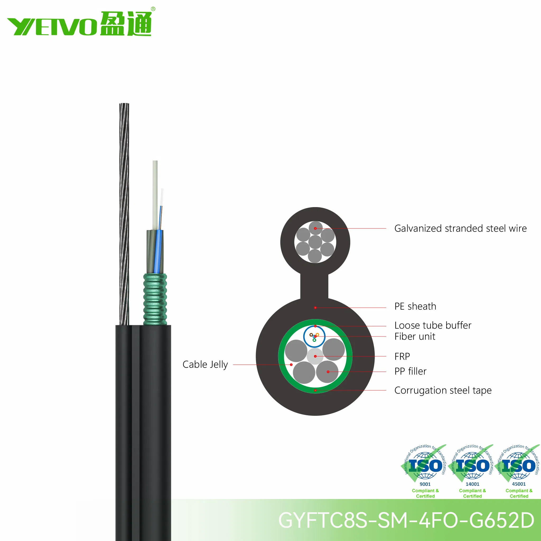 Heavy Duty Gyftc8s Loose Tube Fiber Optic Cable with Steel Supporting Wire