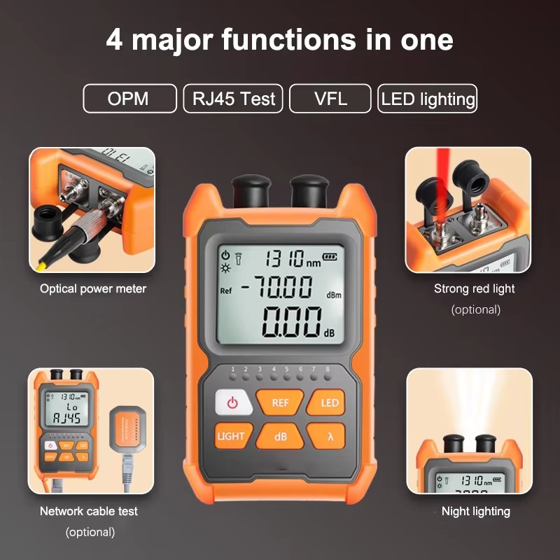Mini Optical Power Meter With VFL 4-in-1 Fiber Optic Tester 8 Wavelengths SC FC ST Connectors Rechargeable OPM FTTH