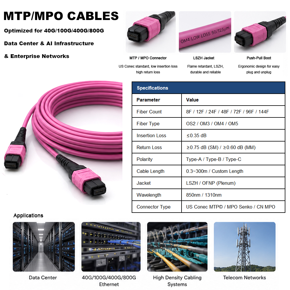 OM4 MPO/MTP Fiber Patch Cable 12 Core Strand 40G/100G/200G UPC Type B Female LSZH 50/125 Multimode Fiber For QSFP28 Transceivers