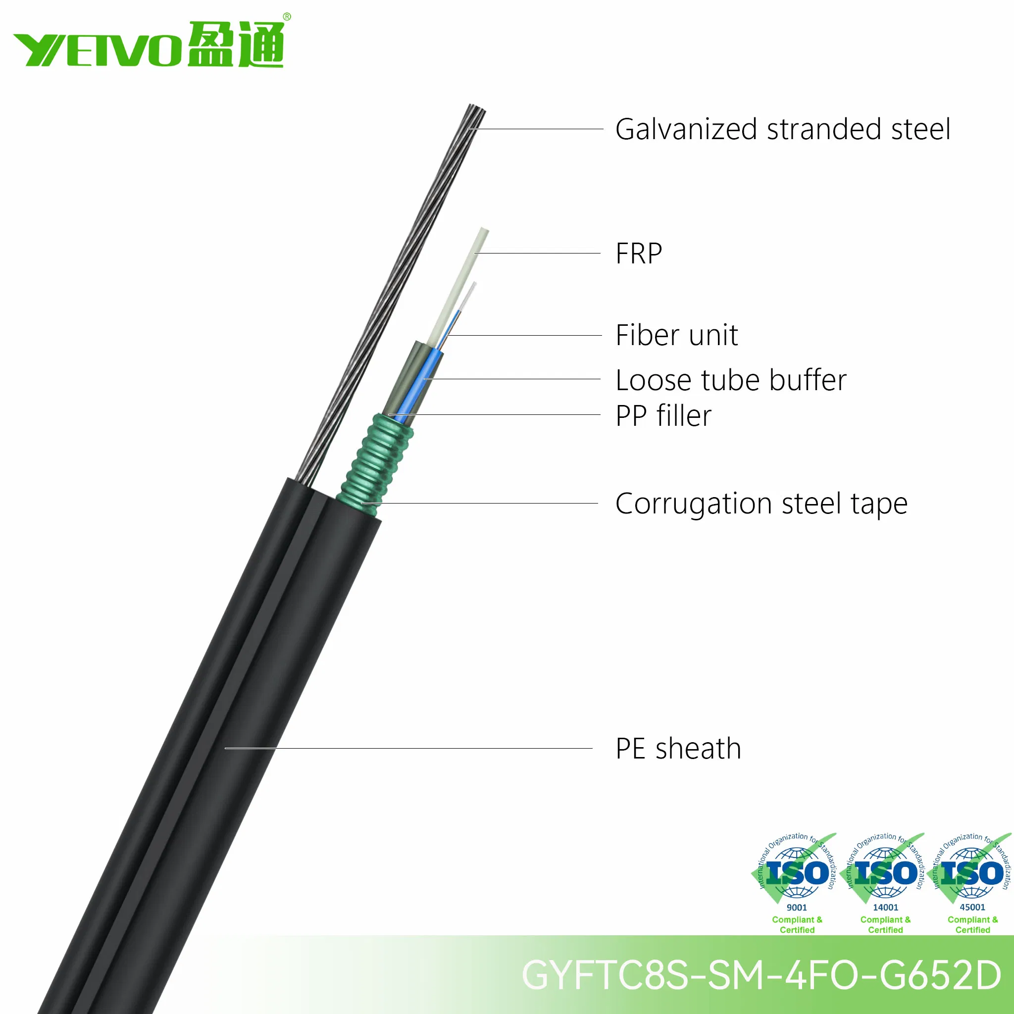 Heavy Duty Gyftc8s Loose Tube Fiber Optic Cable with Steel Supporting Wire