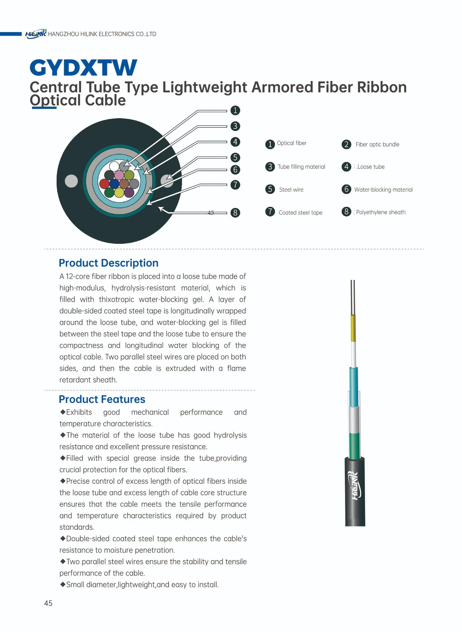 Gydxtw Central Loose Tube Type Light Armored Ribbon Cable Optical Fiber Cable