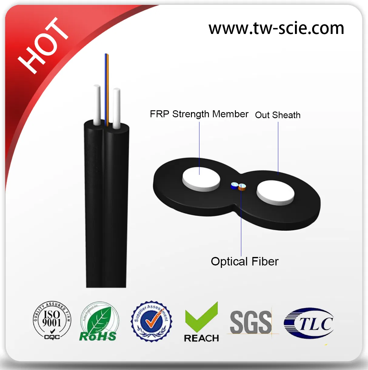 1, 2 Core FTTH Indoor Drop Wire Fiber Optic Cable Optical Fiber Cable