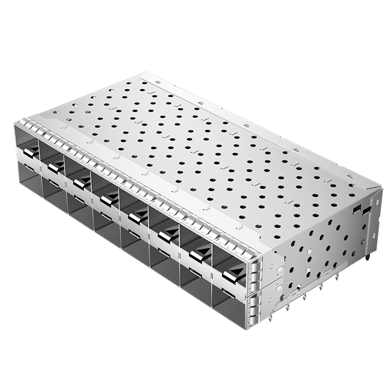 1-2198346-9 Through Hole Right Angle Press-Fit EMI Shielded Housing 2x8 SFP+ Receptacle Cage
