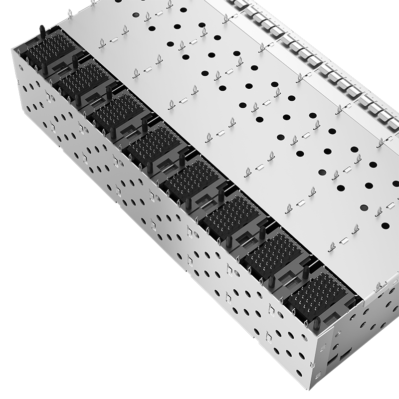 1-2198346-9 Through Hole Right Angle Press-Fit EMI Shielded Housing 2x8 SFP+ Receptacle Cage