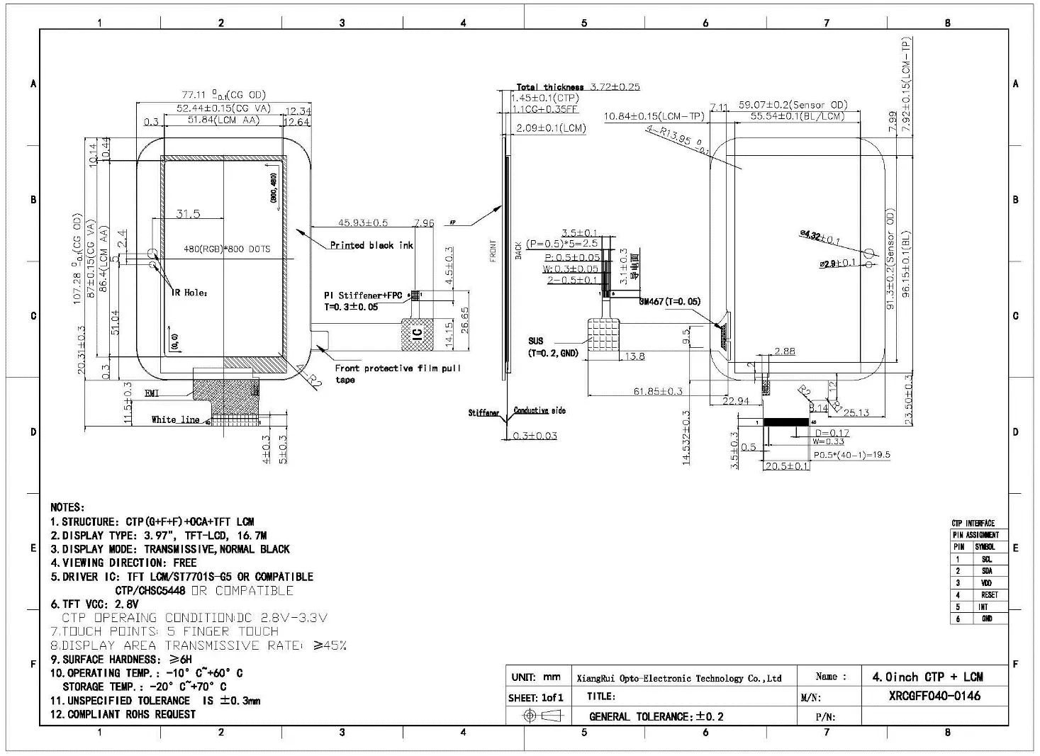 4.0 Inch Touch Panel Product Drawing