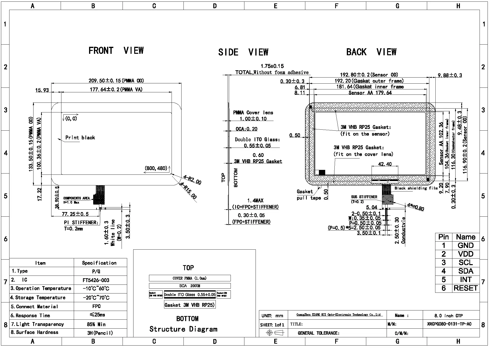 8.0-inch capacitive touch panel drawing
