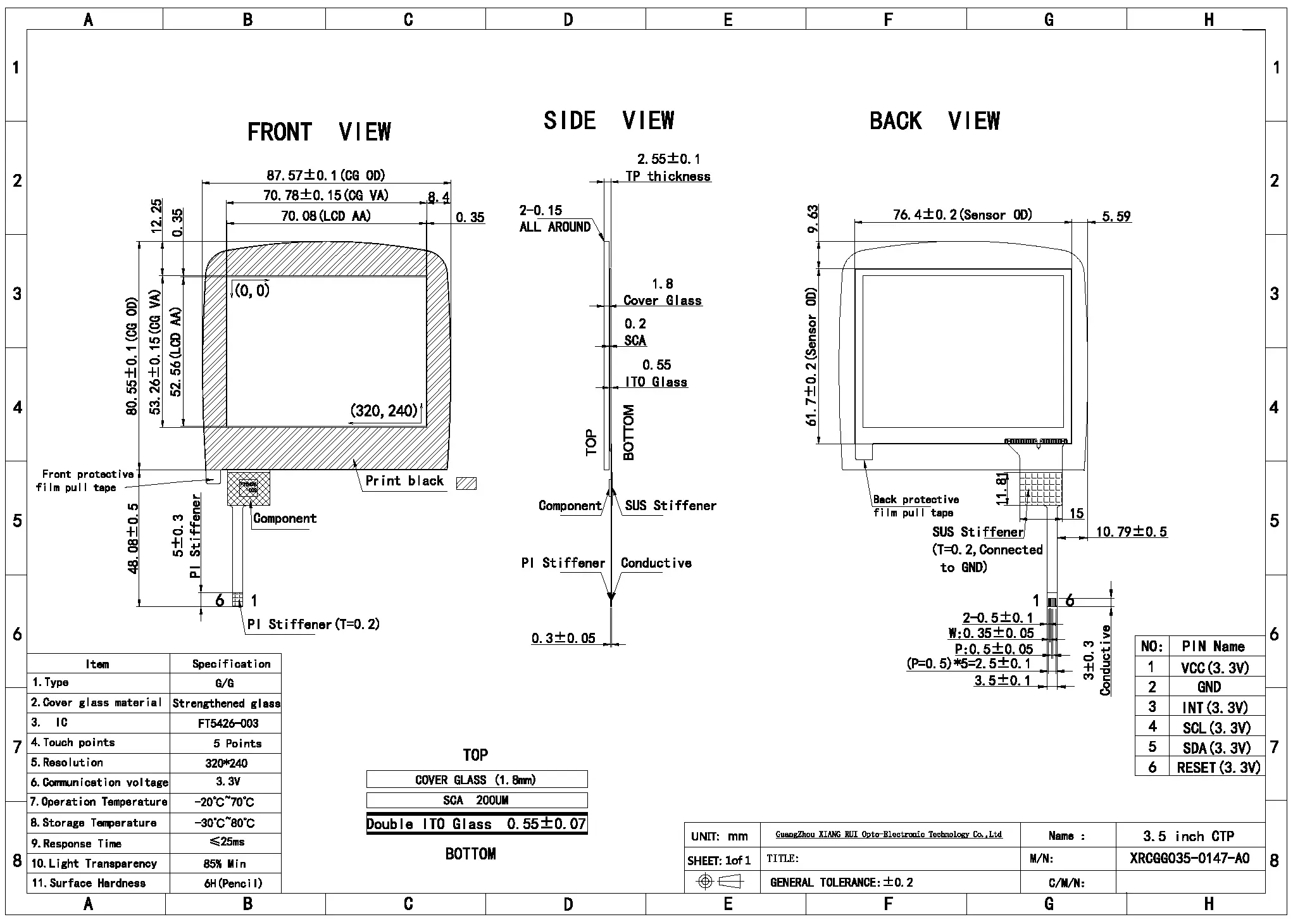 3.5 Inch Capacitive Touch Panel Product Drawing