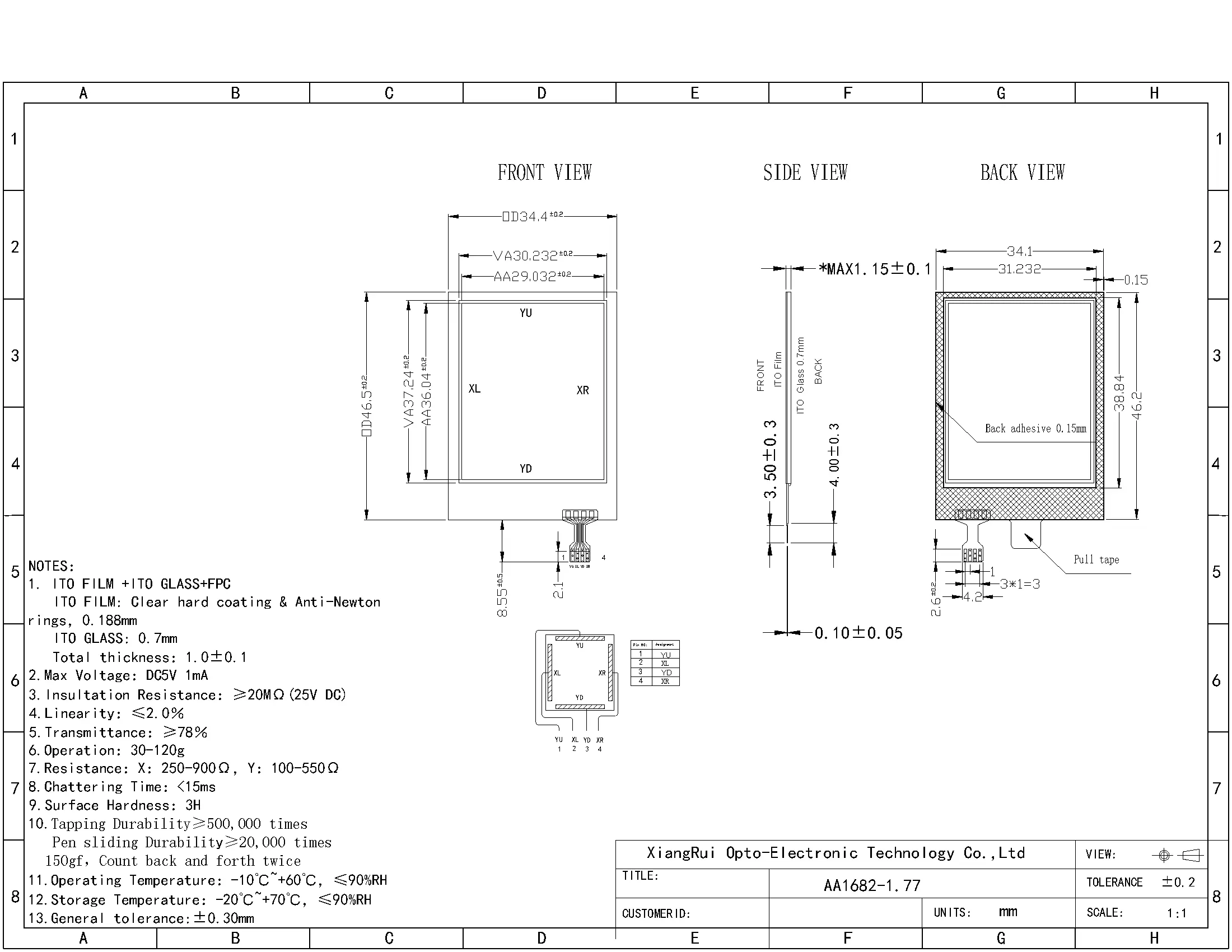 1.77 Inch Resistive Touch Panel Drawing