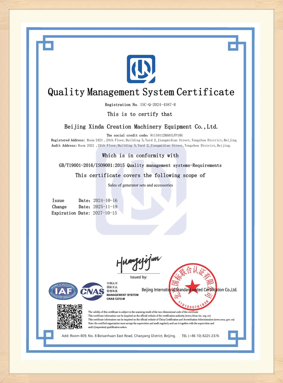 ISO 9001 quality management system certificate