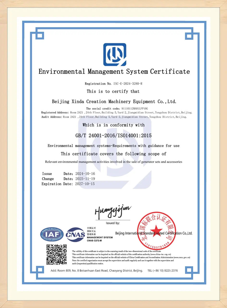 ISO 14001 environmental management system certificate