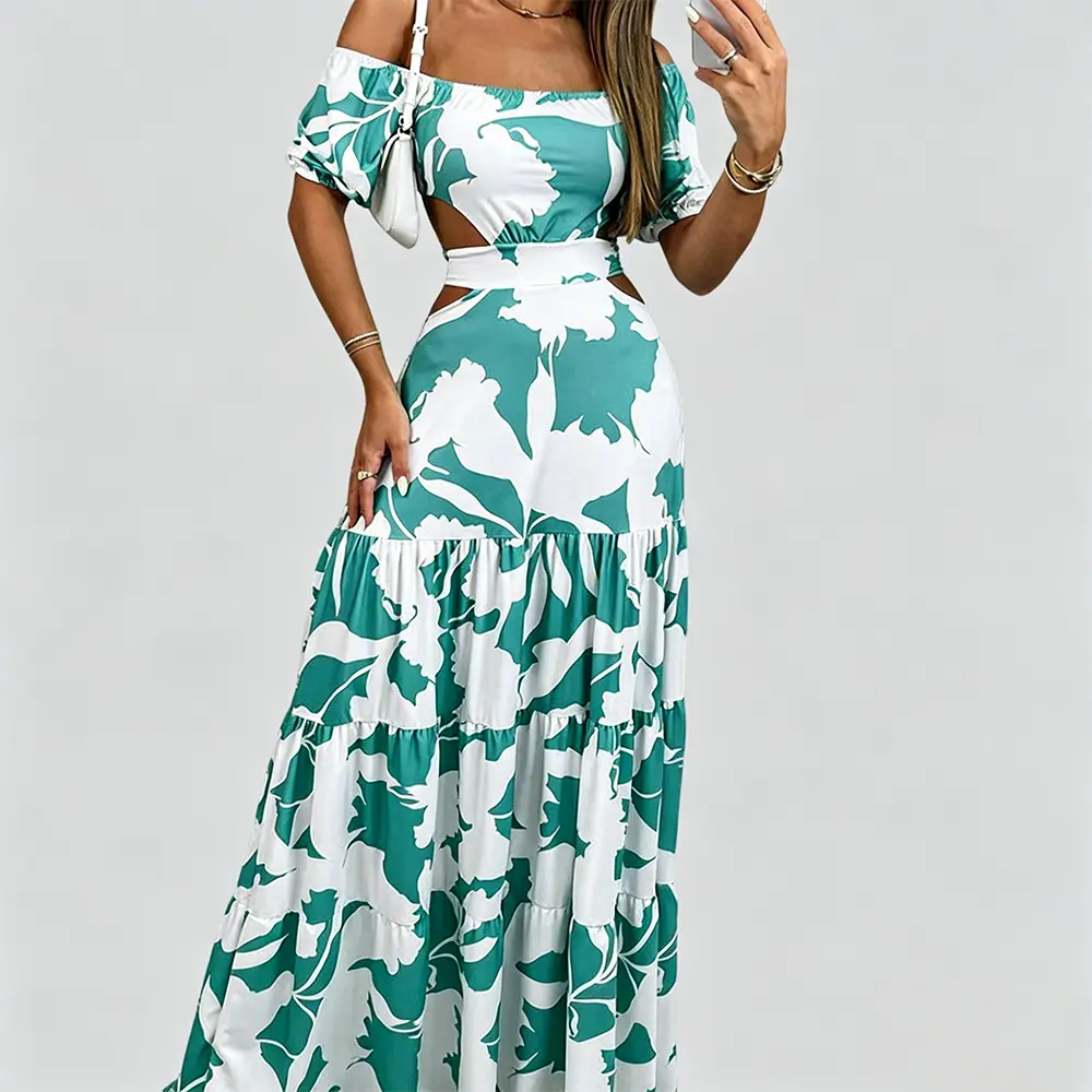High-Quality XH-Fashion Tropical Print Two-Piece Dress Set - Off-Shoulder Crop Top & Tiered Maxi Skirt with Waist Cutouts Manufacturer, Factories