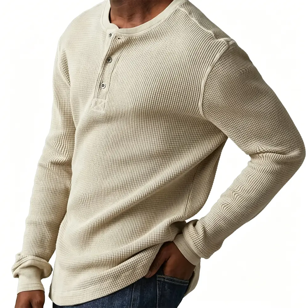 High-Quality XH-Fashion Men's Waffle Knit Henley Long Sleeve T-Shirt A Timeless Wardrobe Staple for Effortless Year-Round Style Manufacturer, Manufacturers