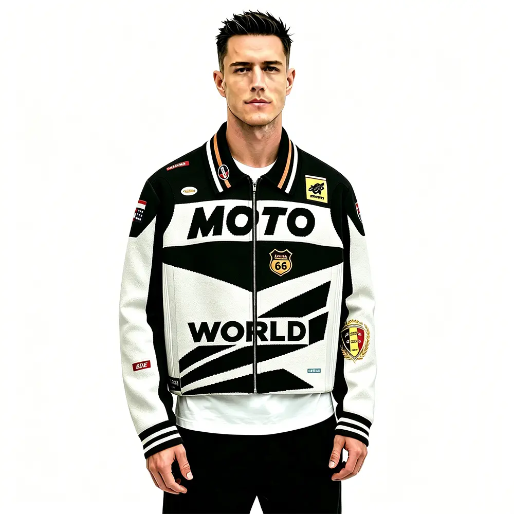 High-Quality XH-Fashion Men's Retro Moto World Racing Jacket - Bold Colorblock Varsity Biker Jacket with Patches & Logos Manufacturer, Suppliers