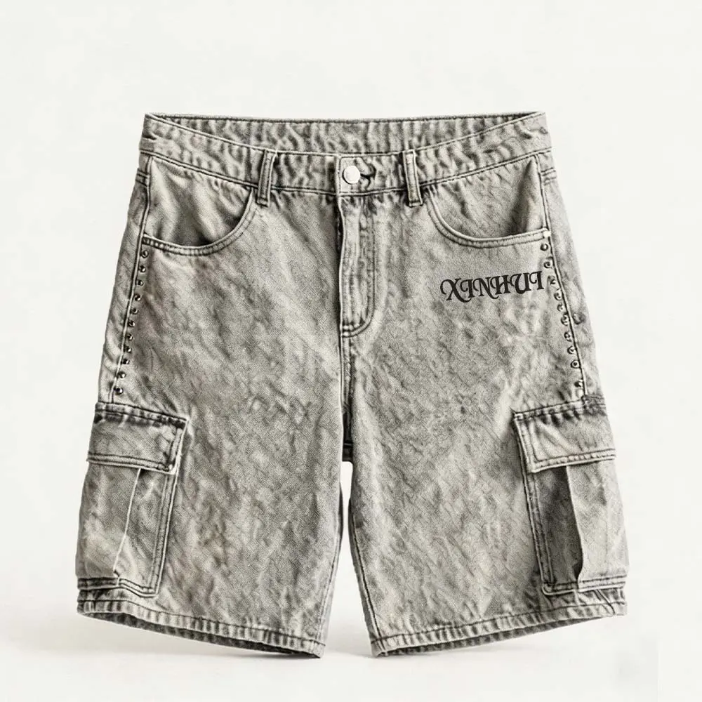 Custom XH-Fashion Custom Logo Studded Cargo Denim Shorts for Men, Vintage Washed Baggy Jorts with Rivet Detail, Personalized Streetwear Denim Cargo Shorts Factories, Suppliers