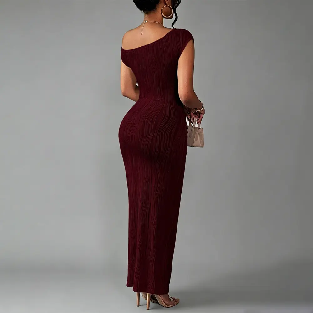 OEM XH-Fashion Custom Logo One Shoulder Ruched Textured Maxi Dress | Women’s Off Shoulder Bodycon Wave Knit Evening Long Dress Manufacturers, Factory