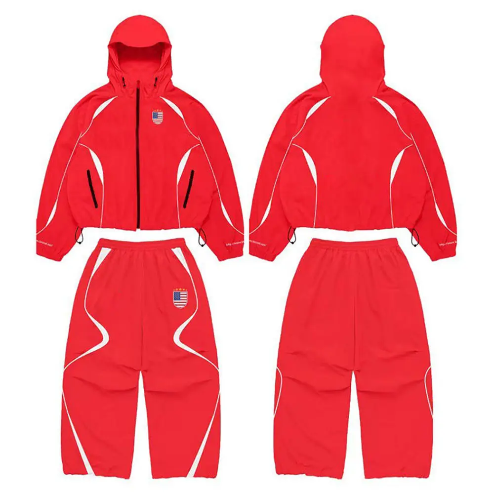 OEM XH-Fashion Unisex Streetwear USA Flag Tracksuit - Bold Black & White Colorblock Hooded Jacket & Pants Set Manufacturer, Suppliers