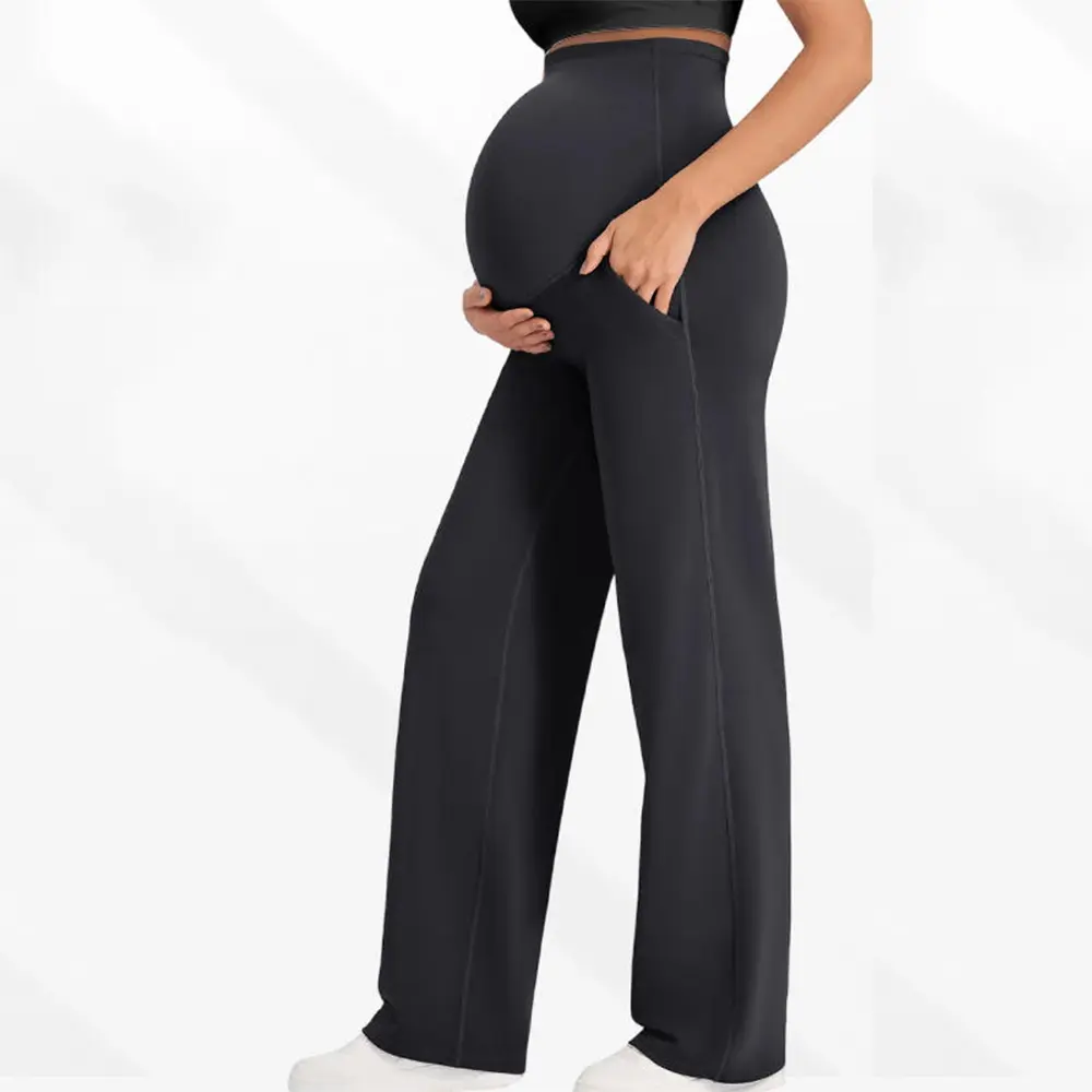 OEM XH-Fashion Custom Logo Full Panel High Rise Maternity Wide Leg Pants | Over Belly Soft Stretch Pregnancy Flare Trousers with Side Pockets Manufacturers, Factories