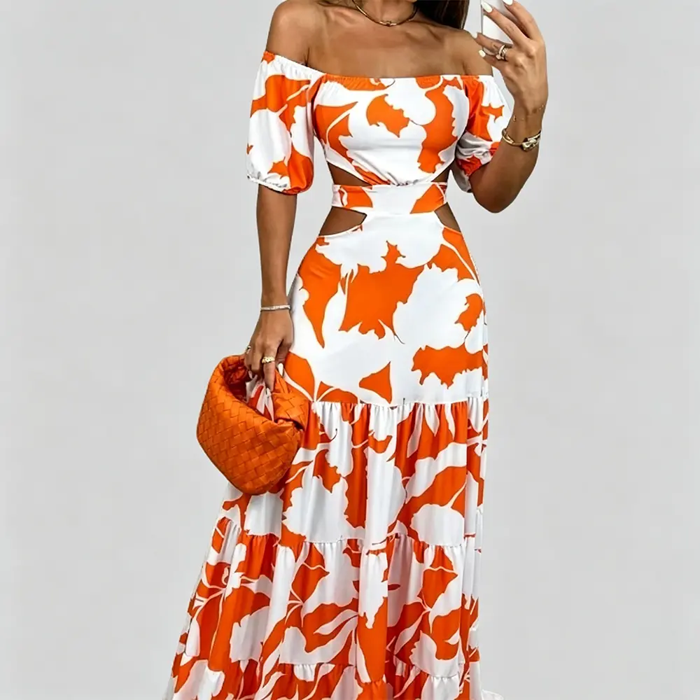 High-Quality XH-Fashion Tropical Print Two-Piece Dress Set - Off-Shoulder Crop Top & Tiered Maxi Skirt with Waist Cutouts Manufacturer, Factories