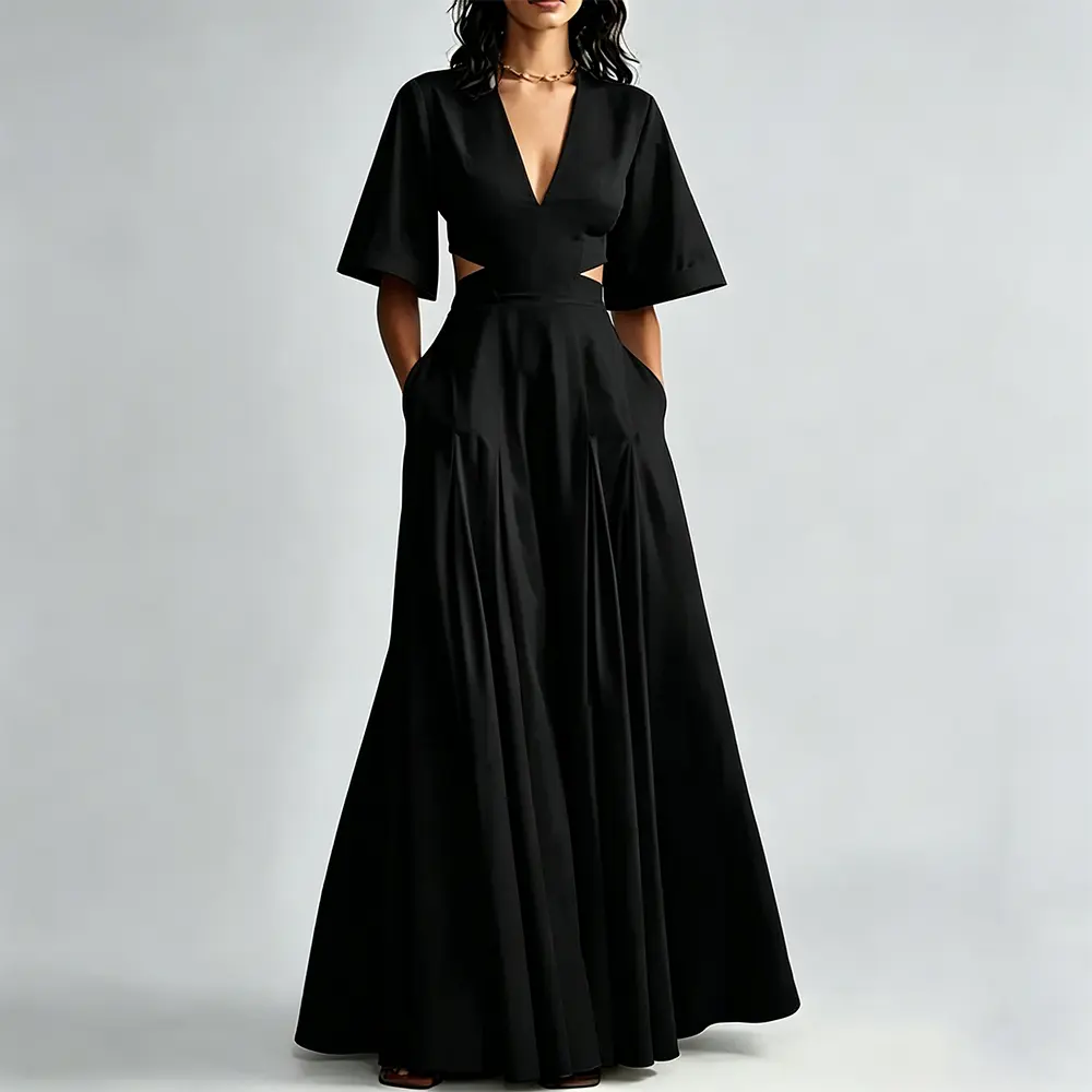OEM XH-Fashion Modern Black Cut-Out Evening Dress - Deep V-Neck with Flare Sleeves & Floor-Length Skirt Manufacturer, Factories