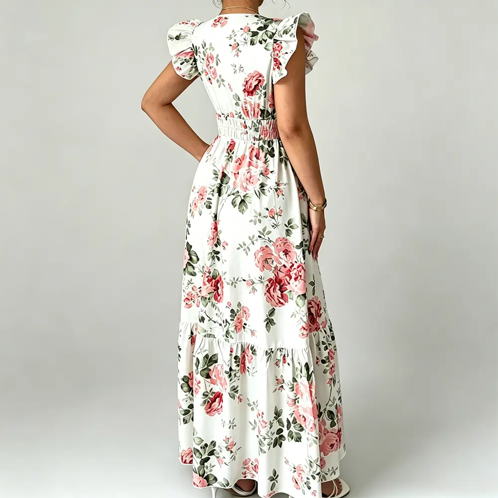 High-Quality XH-Fashion Summer Floral Tiered Maxi Dress - White with Pink Roses, Flutter Sleeves & Elastic Waist Manufacturers, Factories