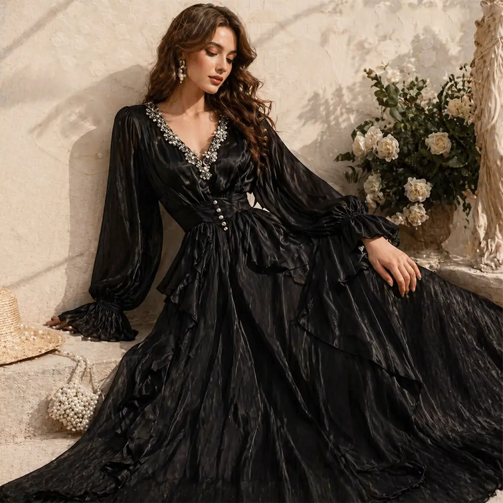 High-Quality XH-Fashion Elegant Black Satin Evening Dress - Crystal Embellished V-Neck with Ruffled Sleeves & Skirt Manufacturer, Manufacturers