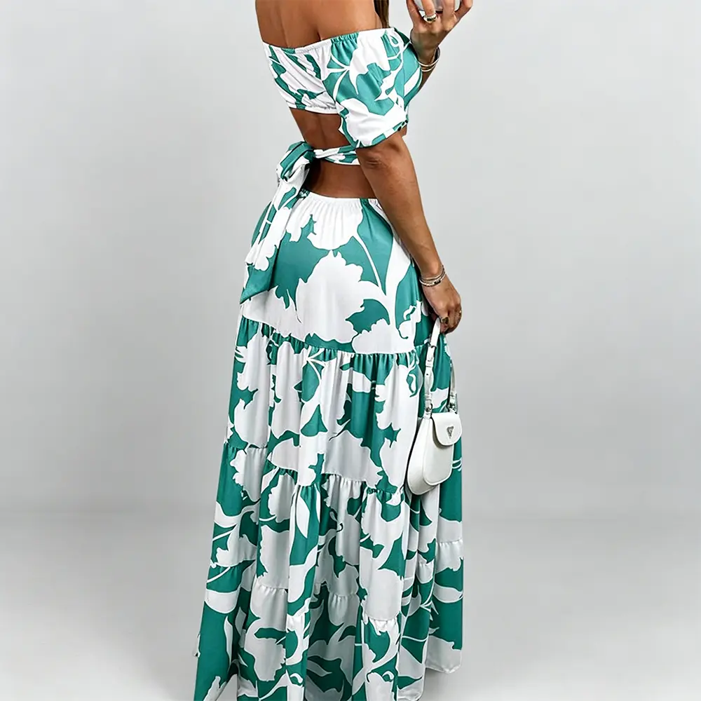 High-Quality XH-Fashion Tropical Print Two-Piece Dress Set - Off-Shoulder Crop Top & Tiered Maxi Skirt with Waist Cutouts Manufacturer, Factories