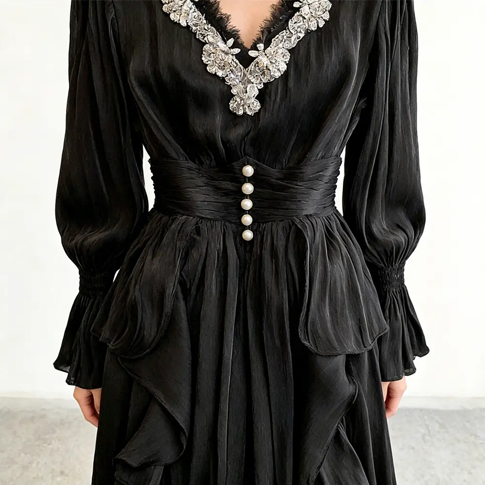 High-Quality XH-Fashion Elegant Black Satin Evening Dress - Crystal Embellished V-Neck with Ruffled Sleeves & Skirt Manufacturer, Manufacturers