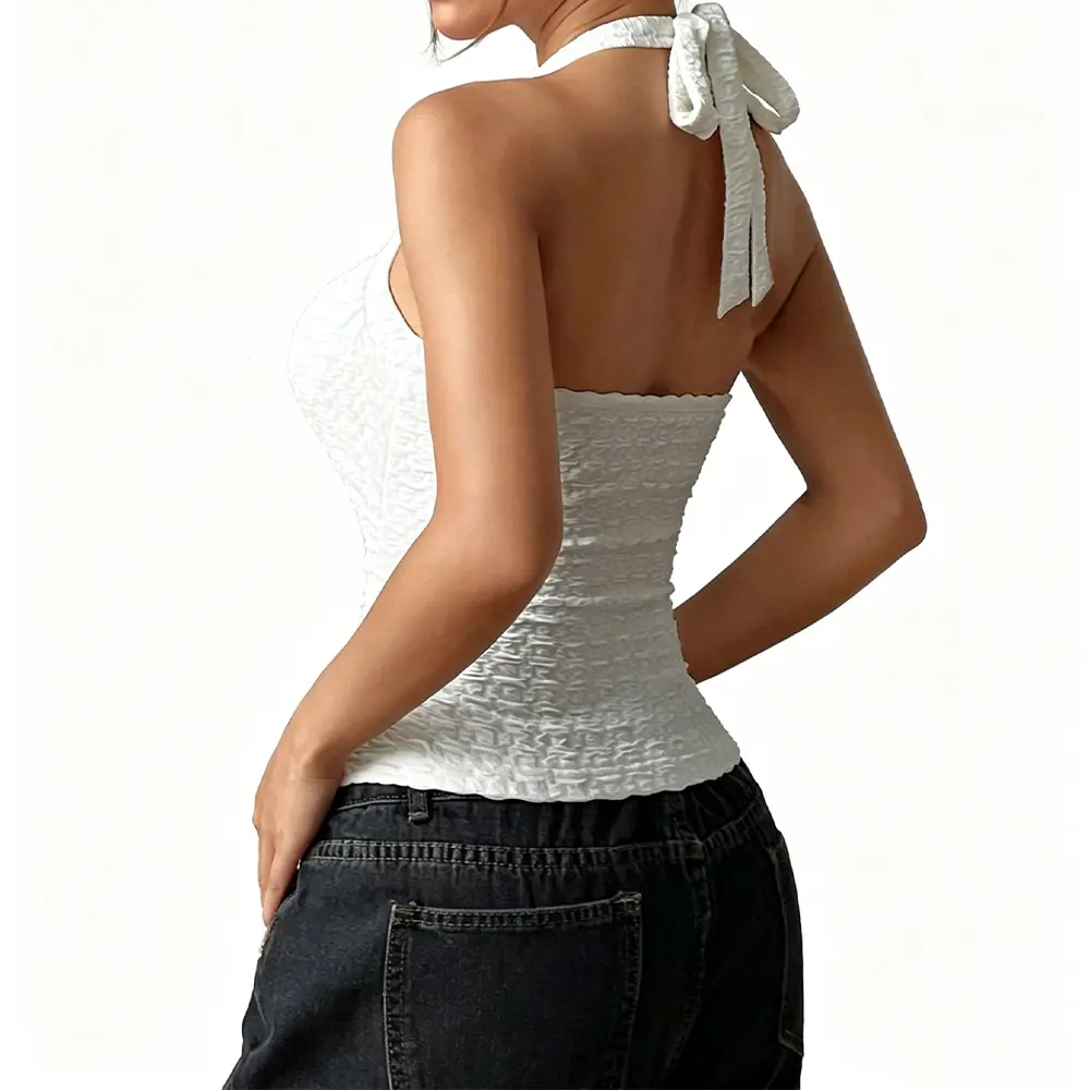 High-Quality XH-Fashion Factory Wholesale Bubble Textured Halter Top, Women's Square Neck Backless Tie Bow Slimming Cami Tank Top, Summer Y2K Sleeveless Top, Customizable OEM/ODM Factory, Suppliers