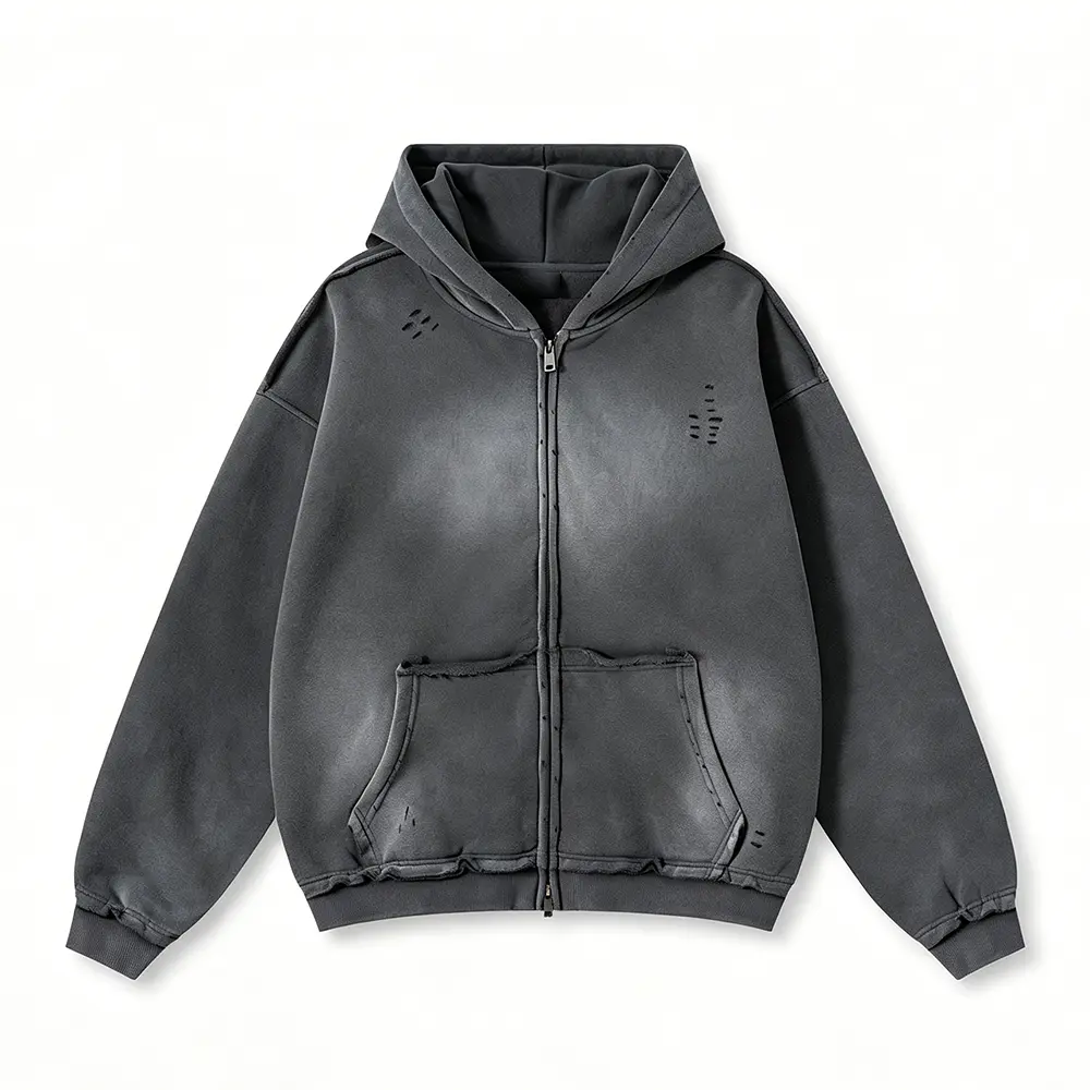 OEM XH-Fashion  Men's Retro Washed Brown Zip-Up Hoodie - Vintage Faded & Distressed Oversized Hooded Sweatshirt Manufacturers, Supplier