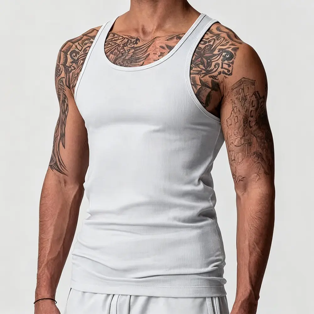Custom XH-Fashion Custom Logo Men’s Ribbed Slim Fit Tank Top | Solid Sleeveless Scoop Neck Basic Undershirt OEM ODM Private Label Manufacturer, Supplier