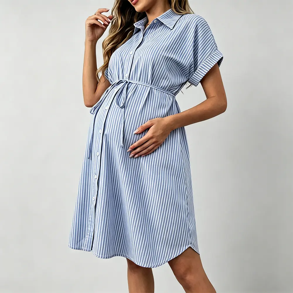 Custom XH-Fashion Custom Logo Collared Shirt Maternity Dress | Short Sleeve Waist Tie Button Front Midi Pregnancy Dress in 3 Styles Manufacturer, Suppliers