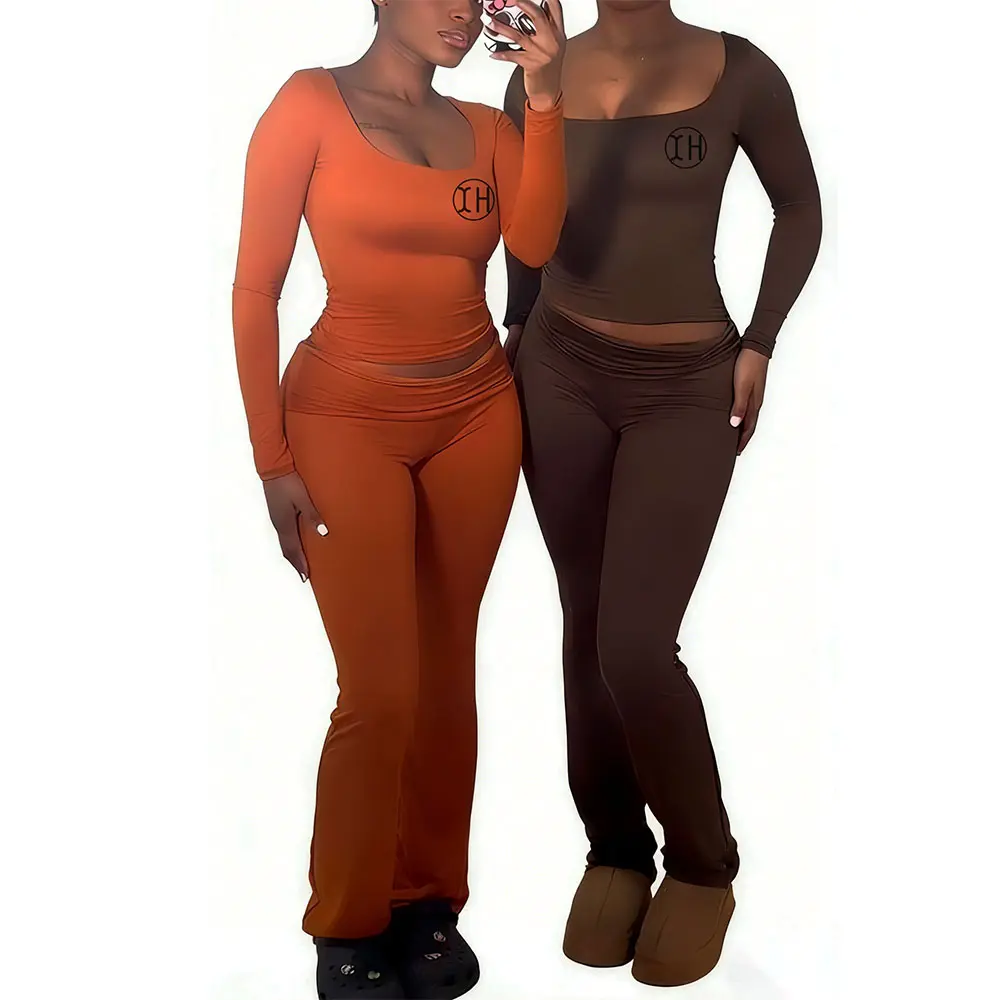 High-Quality XH-Fashion Custom Logo Square Neck Long Sleeve Top And High Waist Flare Pants Two Piece Set Women Casual Slim Fit Stretchy Matching Outfit Set Factories, Factory