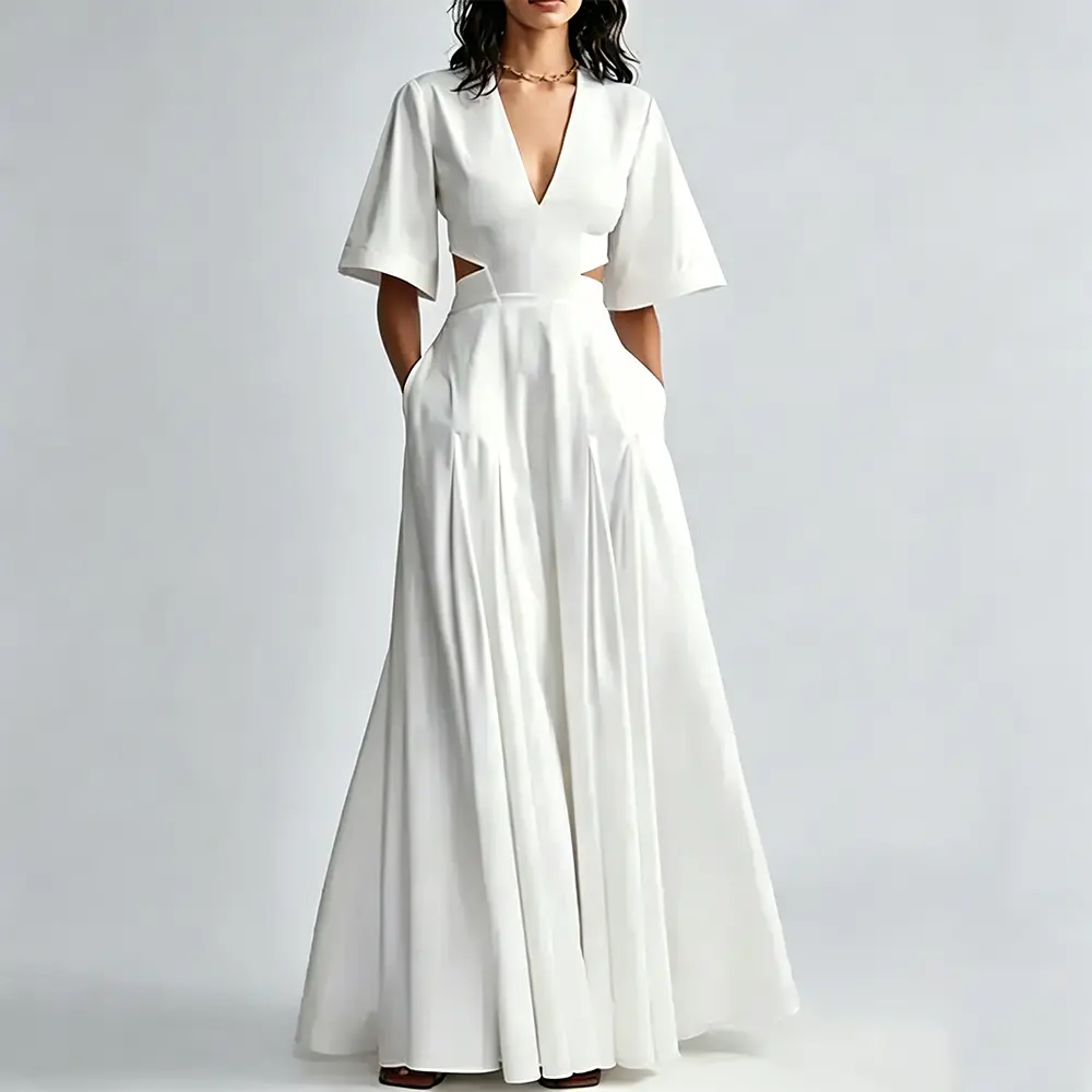 OEM XH-Fashion Modern Black Cut-Out Evening Dress - Deep V-Neck with Flare Sleeves & Floor-Length Skirt Manufacturer, Factories