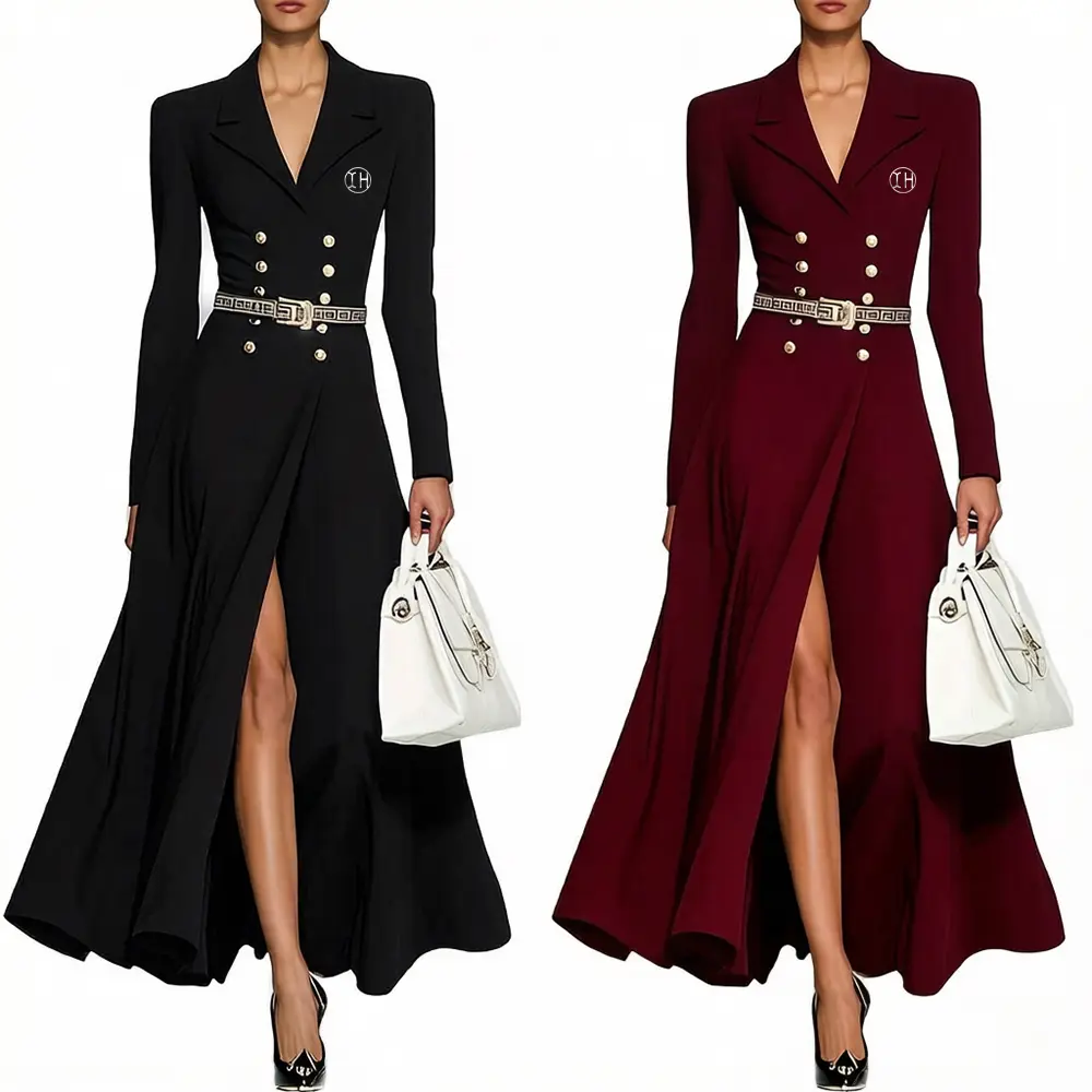 OEM XH-Fashion OEM ODM Gold Button Tailored Suit Dress, Custom Embroidery Geometric Waistband Split Front Luxury Long Dress Supplier, Factories