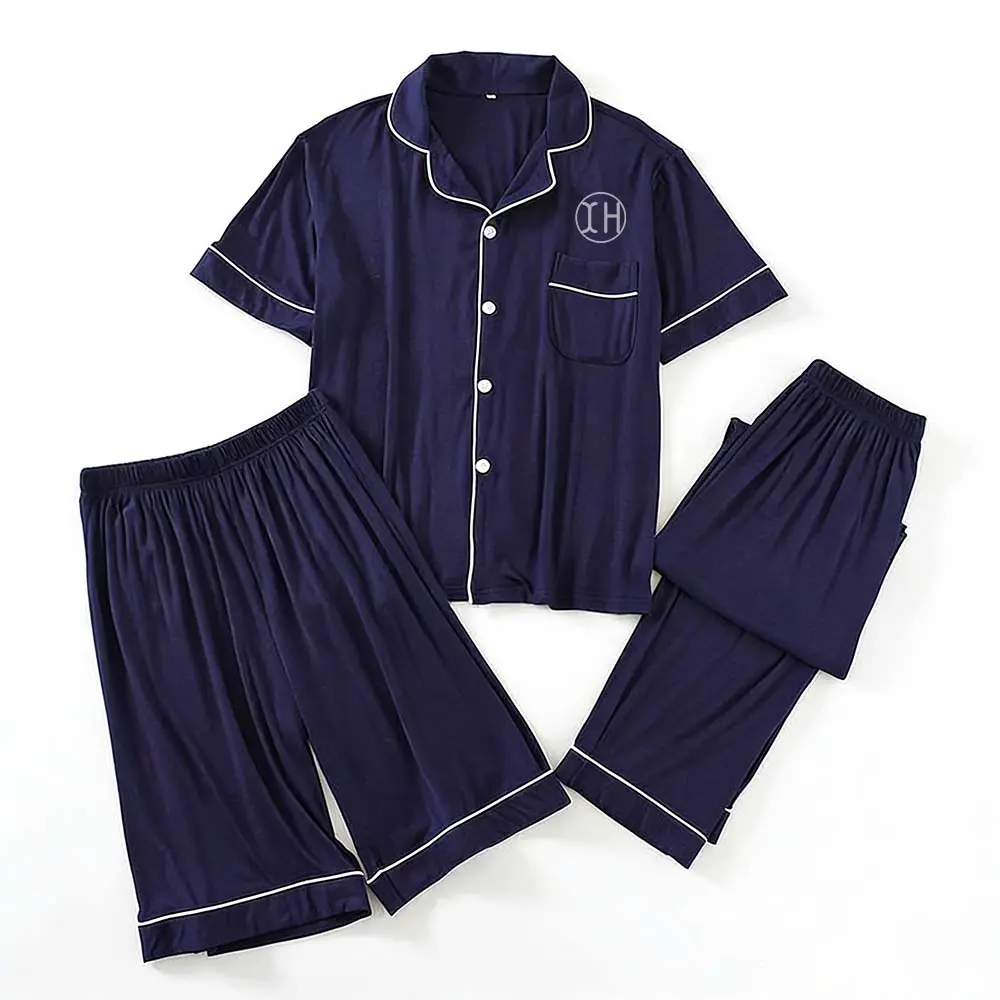 Custom XH-Fashion Custom Logo Men's 3-Piece Pajama Set, Ultra-Soft Modal Short Sleeve Sleepwear with Contrast Piping, Personalized Loungewear for Home & Gifting Factory, Suppliers