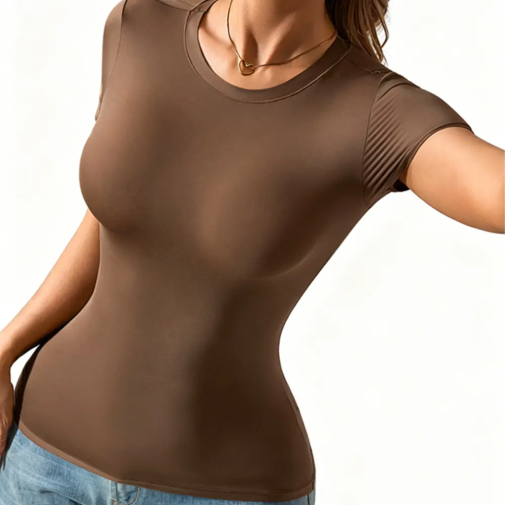 High-Quality XH-Fashion Curved Hem Form-Fitting Basic Tee - Stretchy Short Sleeve Crew Neck T-Shirt Supplier, Factories