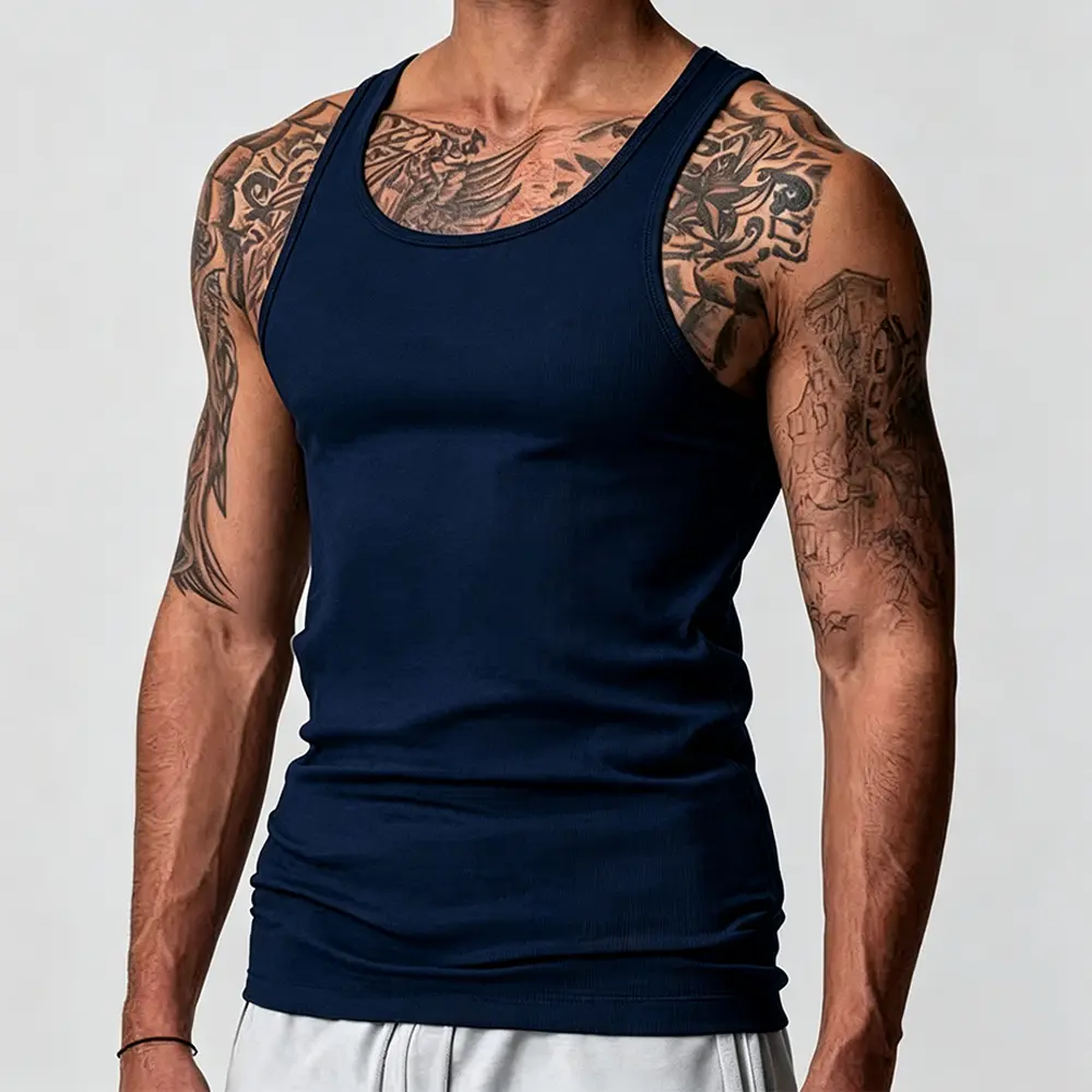 Custom XH-Fashion Custom Logo Men’s Ribbed Slim Fit Tank Top | Solid Sleeveless Scoop Neck Basic Undershirt OEM ODM Private Label Manufacturer, Supplier