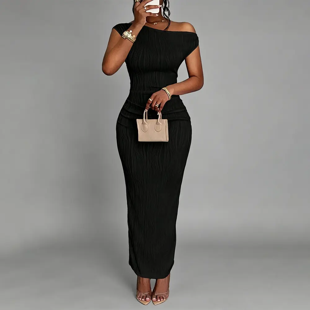 OEM XH-Fashion Custom Logo One Shoulder Ruched Textured Maxi Dress | Women’s Off Shoulder Bodycon Wave Knit Evening Long Dress Manufacturers, Factory