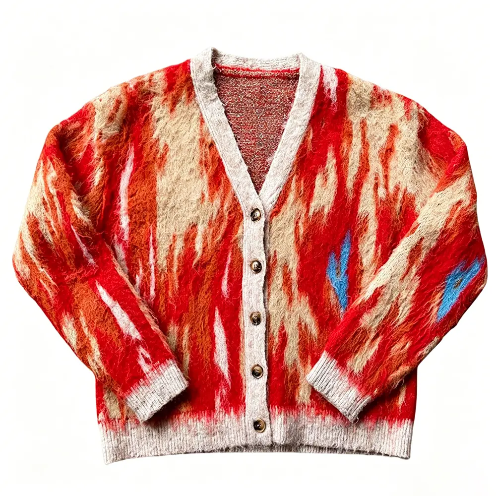 High-Quality XH-Fashion OEM ODM Retro Gradient Flame Print Fluffy Knit Cardigan, Custom Embroidery Loose Fit Mohair Sweater Factories, Factory
