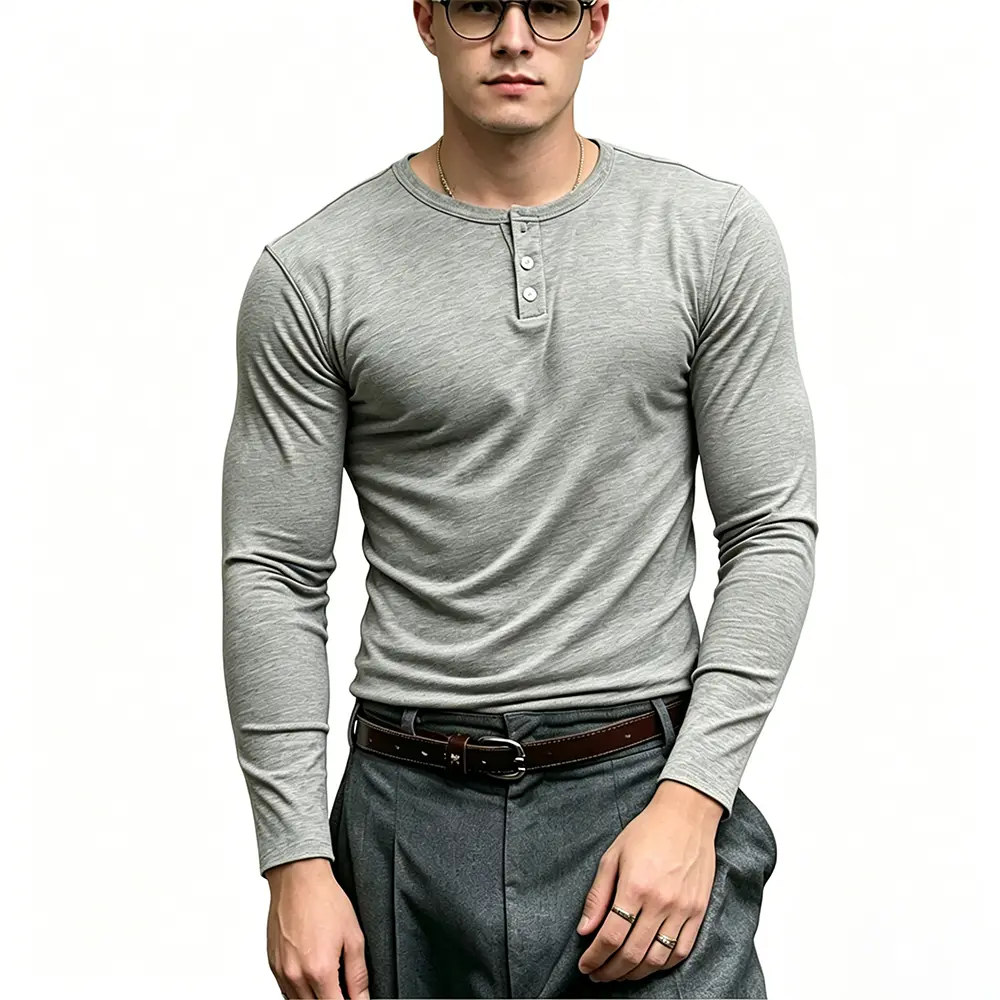 Custom XH-Fashion Men's Premium Slim-Fit Gray Henley Shirt - Soft Stretch Long Sleeve Top for Work & Everyday Wear Manufacturer, Manufacturers