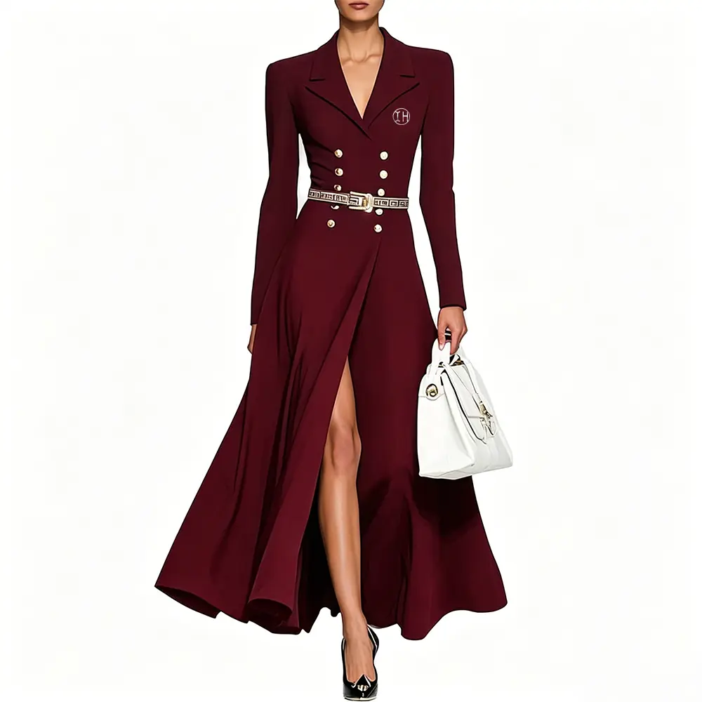 OEM XH-Fashion OEM ODM Gold Button Tailored Suit Dress, Custom Embroidery Geometric Waistband Split Front Luxury Long Dress Supplier, Factories