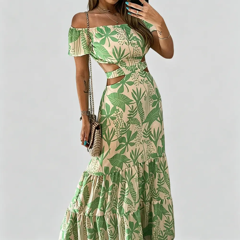 High-Quality XH-Fashion Tropical Print Two-Piece Dress Set - Off-Shoulder Crop Top & Tiered Maxi Skirt with Waist Cutouts Manufacturer, Factories