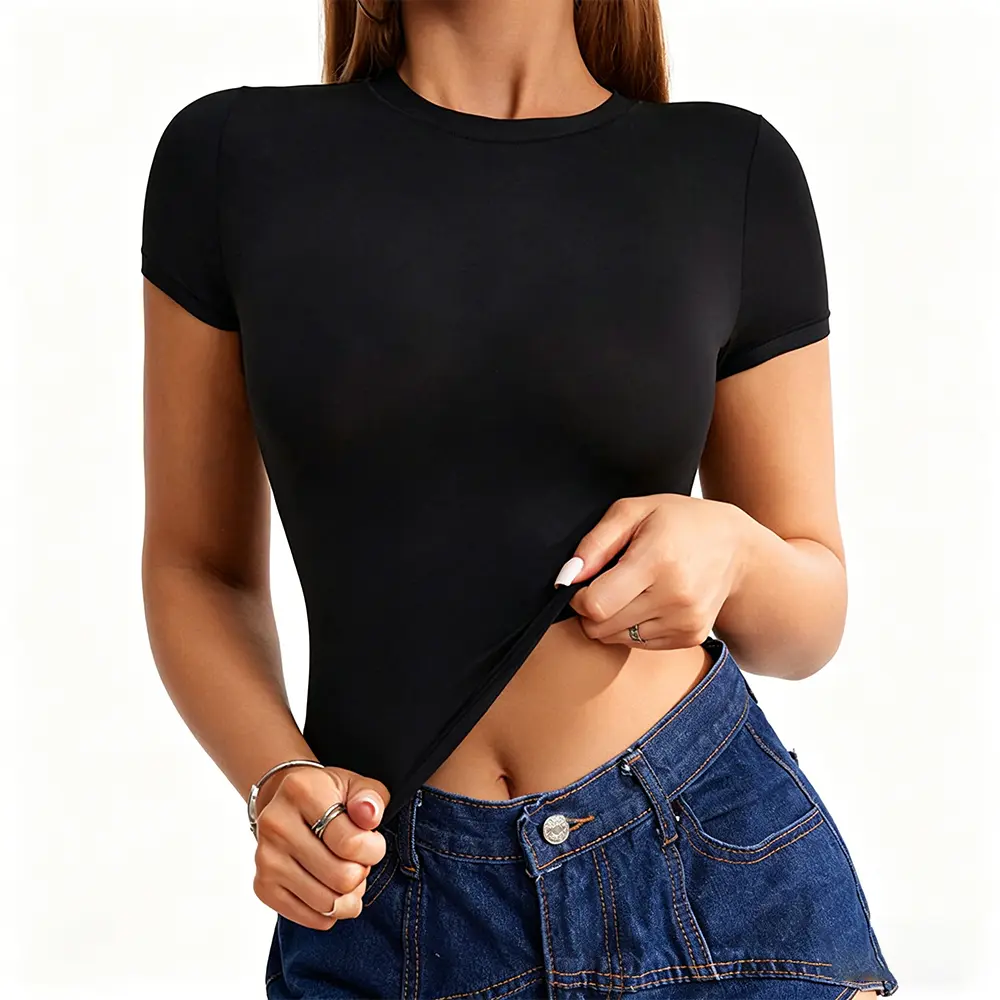 High-Quality XH-Fashion Curved Hem Form-Fitting Basic Tee - Stretchy Short Sleeve Crew Neck T-Shirt Supplier, Factories