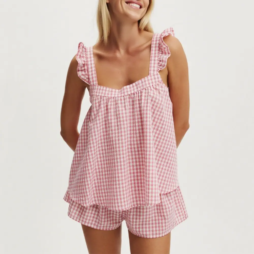 Custom XH-Fashion Custom Logo Ruffle Strap Gingham Pajama Set | Women’s Sleeveless Plaid Camisole & Shorts 2 Piece Loungewear Factories, Suppliers