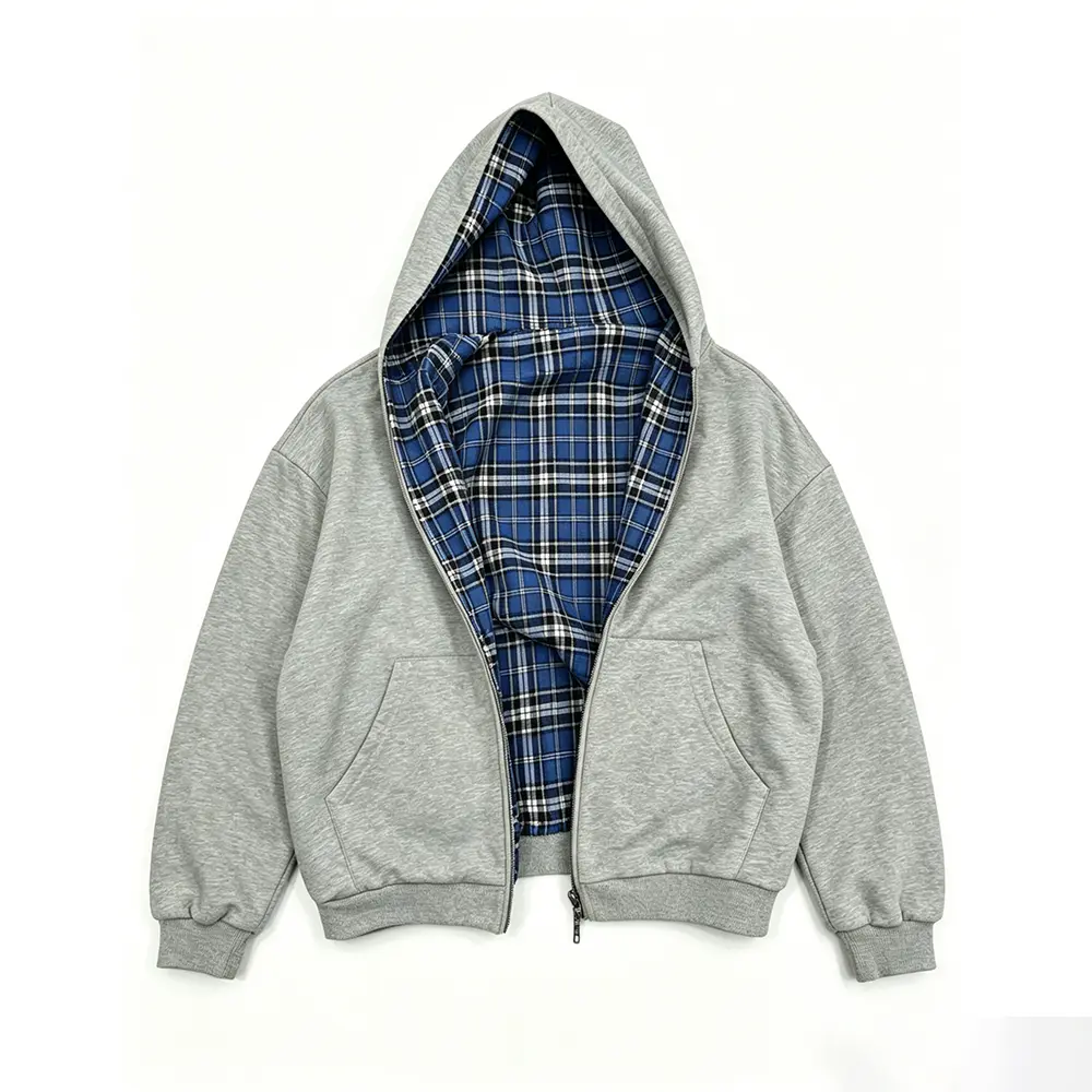 Custom XH-Fashion Men's 2-in-1 Reversible Plaid Hoodie - Gray Heather & Blue Plaid Oversized Streetwear Zip-Up Sweatshirt Factories, Factory