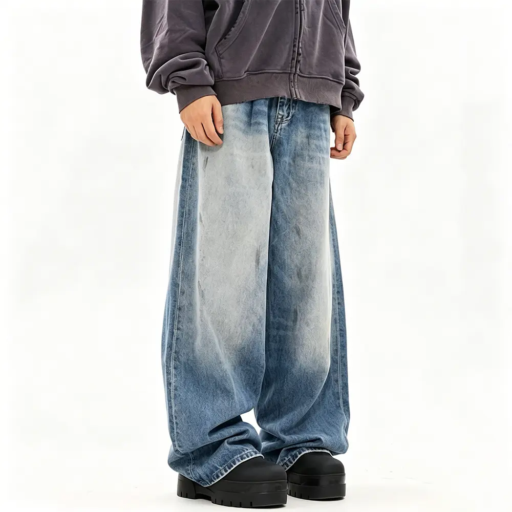 High-Quality XH-Fashion OEM ODM Gradient Faded Baggy Denim Jeans, Streetwear Oversized Wide Leg Custom Brand Trousers Manufacturer, Suppliers