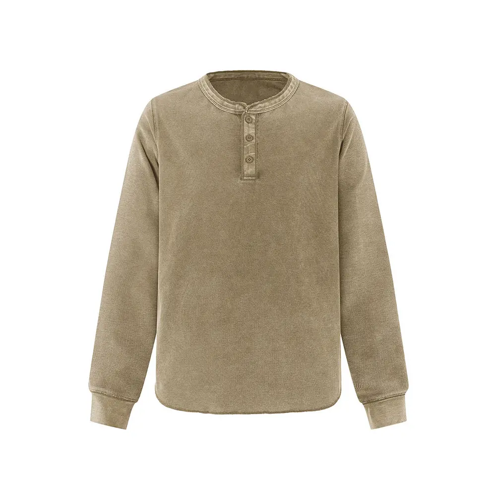 OEM XH-Fashion  Men's Premium Washed Waffle Knit Henley Shirt - Light Brown Casual Long Sleeve Top for Everyday Wear Manufacturers, Supplier
