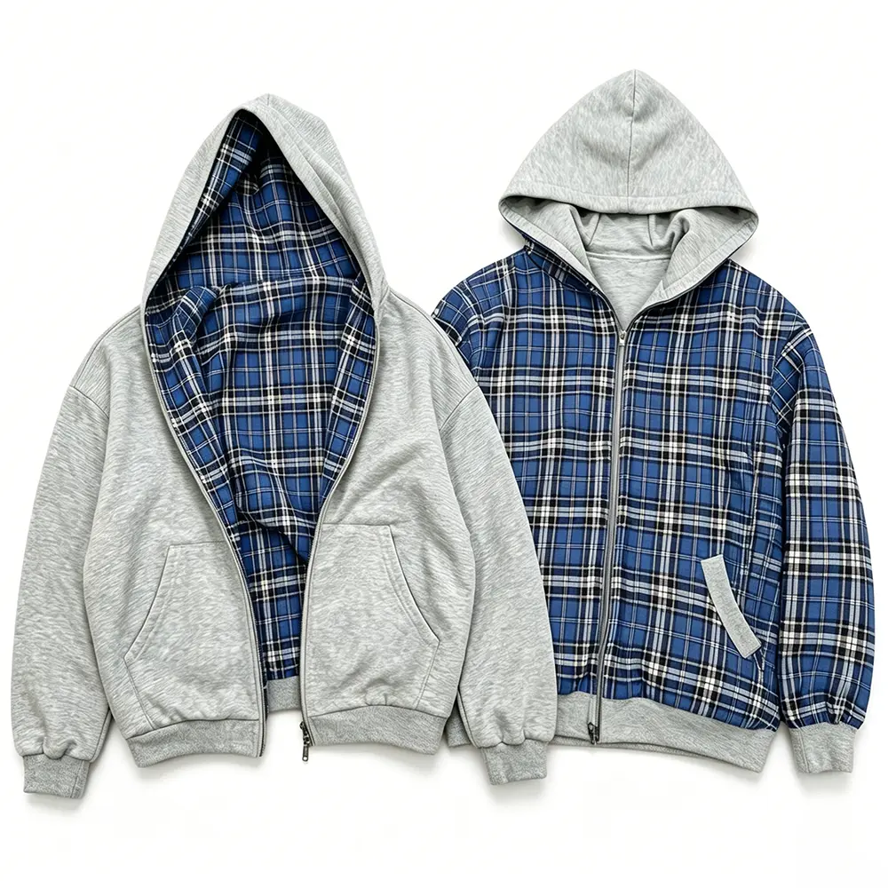 Custom XH-Fashion Men's 2-in-1 Reversible Plaid Hoodie - Gray Heather & Blue Plaid Oversized Streetwear Zip-Up Sweatshirt Factories, Factory