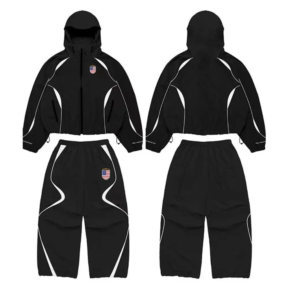 OEM XH-Fashion Unisex Streetwear USA Flag Tracksuit - Bold Black & White Colorblock Hooded Jacket & Pants Set Manufacturer, Suppliers